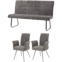 Set de salle à manger HW C-G55, set de 2 chaises avec accoudoirs+banc 160cm, inox brossé tissu/textile chenille gris fo