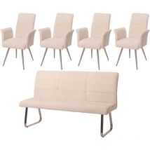Set de salle à manger HW C-G55, set de 4 chaises avec accoudoirs+banc 180cm, inox brossé tissu/textile chenille crème