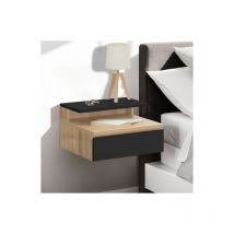 Set di 2 comodini a parete tomi con mensole sospese + 1 mensola in legno effetto faggio e cassetto nero