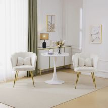 Modfu - Set di 2 sedie in tessuto di velluto, con schienale a forma di petalo e piede in metallo dorato, con cuscino, bianco