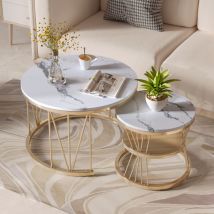 Set di 2 tavolini da caffè moderni impilabili, impiallacciato in marmo, rotondo, oro e bianco, 70x70x45 cm, 45x45x40 cm