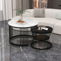 Set di 2 tavolini bassi impilabili, impiallacciato in marmo, rotondi, bianco e nero, 70x70x45 cm, 45x45x40 cm