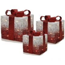 Set di 3 Pacchi Regalo Luminosi Bianco e rosso con led Decorazione Natalizia Fiocco Silver per albero di natale ornamento bar hotel ristorate