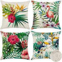 Set di 4 federe per cuscini da esterno, impermeabili, con motivo a piante tropicali e fiori e uccelli, per decorazione del divano, del patio, del
