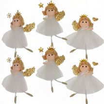 Set di 6 Angeli Ballerine Fatine bianche oro Natalizie da Appendere - Ali Dorate, Vestito in Tulle Bianco e Bacchetta Magica - Decorazioni per Albero