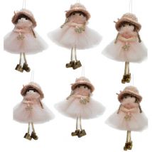Set di 6 Bamboline da Appendere all'Albero di Natale Con Cappello Sciarpa Pellicciosa Rosa Gonna in Tulle e Piedi Pensolanti - Decorazioni Natalizie