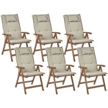Set di 6 sedie da giardino rustiche in legno d'acacia naturale pieghevoli e regolabili con braccioli in legno scuro cuscini grigio talpa Amantea