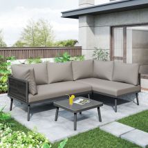 Set lounge da giardino in ferro, set mobili da giardino in corda grigia, set mobili da giardino a forma di l, set lounge in corda grigia con cuscino