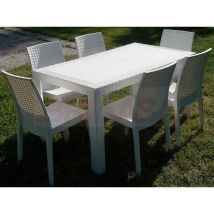 Set Garden Tavolo 140x80 Cm Con 6 Sedie Impilabili Resina Da Giardino Bianco