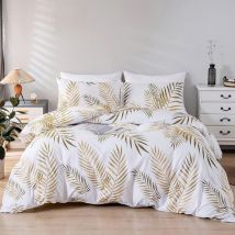 Set Housse de Couette 220x240 cm 2 Personnes et 2 x Taies d'oreiller 50x75 cm 100% Microfibre Parure de Linge de Lit Motif Feuilles Tropicales Dorées