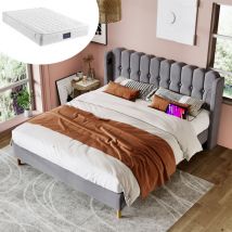 Lit adulte Lit adolescent capitonné 160 x 200 cm avec chargement usb Type c et sommier à lattes, lin, gris, matelas inclus