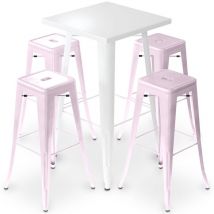 Pack Mesa de Taburete Blanca y Pack de 4 Taburetes de Bar - Diseño Industrial - Metal - Nueva Edición - Bistrot Stylix