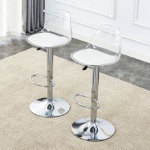 Set Mit 2 Barhockern, Höhenverstellbar, Drehbarer Sitz, Transparente Rückenlehne, Fußstütze, Metall Und Kunststoff, Weiß Und Silber