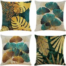 Set Mit 4 Quadratischen Kissenbezügen (40x40 Cm) Mit Grünem Und Goldenem Blattmuster, Leinen-sofakissenbezüge Für Das Wohnzimmer