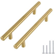 Set Mit 5 Goldenen Küchenschrankgriffen, Gold-finish, Messing-schrankgriffe – Gebürstetes Messing, Edelstahl-schubladengriffe, 128 Mm Lochabstand