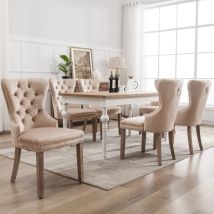 Set Mit 6 Esszimmerstühlen – Mit Ziernägeln – Massivholz – Samt – Moderner Polsterstuhl – Beige