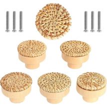 Set mit 6 Rattan-Möbelknöpfen, Schubladenknöpfen, Türknöpfe im Bohemian-Stil, runder Schubladengriff aus Holz für Kommoden, Kleiderschränke,