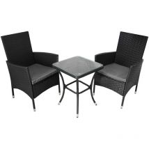 Monster Shop - Set Mobilier Bistro Luxe 3 Pièces Rotin Table Verre Trempé 2 Chaises Confortable Terrasse Jardin Salon de Jardin Noir Bistrot Set
