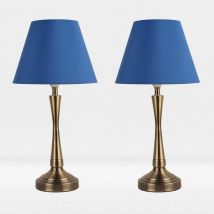 First Choice Lighting - Set of 2 Antique Brass Plate Bedside Table Light with Detailed Column and Blue Fabric Shade - Antique brass plate and