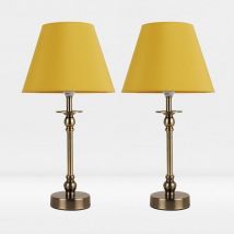 Set of 2 Antique Brass Plate Bedside Table Light with Detailed Column Ochre Fabric Shade - Antique brass plate and textured ochre cotton