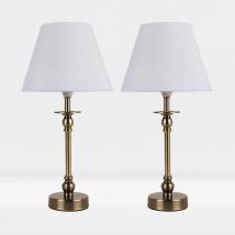 Set of 2 Antique Brass Plate Bedside Table Light with Detailed Column White Fabric Shade - Antique brass plate and textured white cotton