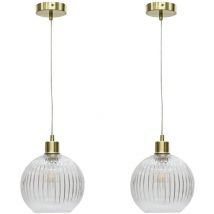 First Choice Lighting - Set of 2 Betchley - Clear Ribbed Glass Globe with Satin Brass Pendant Fittings - Satin brass plate and clear ribbed glass