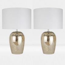 Set of 2 Dual Lit Bead Glass Lamps with Ivory Shade - Clear champagne glass with clear dropper glass detail and ivory cotton