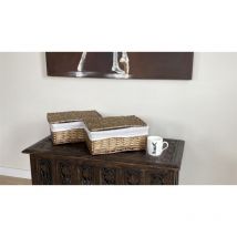 Topfurnishing - set of 2 Lidded Wicker Storage Basket With Lining Xmas Hamper Basket [Set of 2 Medium 35x24x15 cm,Pine]