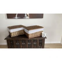 Topfurnishing - set of 2 Lidded Wicker Storage Basket With Lining Xmas Hamper Basket [Set of 2 Large 40X30X20 cm,Pine]