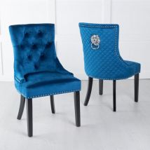 Urban Deco - Set of 2 Lion Knocker Back Velvet Fabric Dining Chair with Black Wooden Legs Blue 8 Chairs