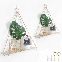 Longziming - Set of 2 Rustic Distressed Wood Hanging Shelves with Rope and Hooks