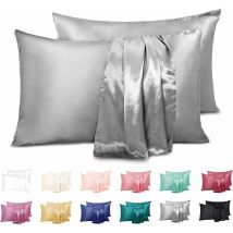 Set of 2 Satin Pillowcases, 100% Microfiber Soft Pillow Cover Takes Care of Your Skin and Anti-Hair Loss, Anti-mite and Hypoallergenic, Grey, 50 x 66