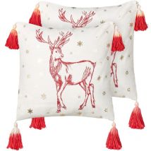 Beliani - Set of 2 Scatter Cushions Decorative Accessory Cotton Christmas Motif Reindeer Pattern Tassels 45 x 45 cm White Red Vallota
