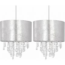 First Choice Lighting - Set of 2 Silver Marble Affect Jewelled Light Shades - Silver marble effect cotton with clear acrylic detail