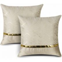 Set of 2 Square Cushion Covers for Bed, Sofa, Car Decor, Modern, Minimalist, Gold Leather with Wavy Stitching, 40 x 40 cm (Beige)
