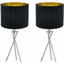First Choice Lighting - Set of 2 Sundance - Chrome Tripod Table Lamps with Black Pleated Velvet Shades - Polished chrome plate and black velvet with