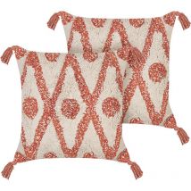 Set of 2 Throw Cushions Decorative Pillows Cotton 45 x 45 cm Beige and Orange Hickory - Beige