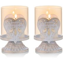 Linghhang - Set of 2 White Metal Candlestick Holders Pillar Candle Holders(Heart), Hurricane Distressed Candlestick Holders Favor Pieces for