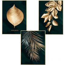 Csparkv - Set of 3 designer wall posters with forest motifs, golden leaves, palm, without frame, wall decoration for living room