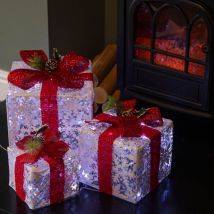 Set of 3 Light up White Christmas Parcels with Red Bows & White LEDs