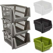 Set of 3 Stackable Storage Basket Kitchen Fruit Vegetable Stacking Container Box - Silver