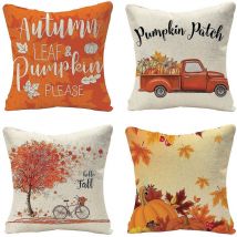 Set Of 4 Decorative Fall Pillowcases - Fall Pumpkin Farmhouse Linen 18 x 18' Pillow Cushion