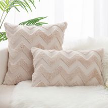 Set of 4 Faux Wool and Velvet Cushion Covers, Soft Plush Decorative Pillow Case with Wave Pattern, Beige, 45x45CM Groofoo