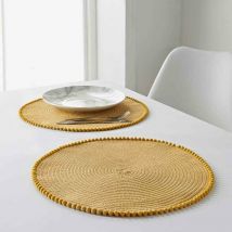 Set of 4, Yellow Table Placemats Round Pom Pom