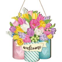 Set of 5 Easter Spring Welcome Signs Wooden Signs Spring Front Door Decorative Spring Wooden Hanging Door Signs Outdoor Wooden Front Door Decorative