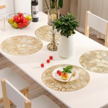 Derrui - Set of 6 Gold Round Placemats, Gold pvc Placemats, Hollow Placemats, Pressed Vinyl Placemats, Heat Resistant Non-Slip Placemats for Wedding,