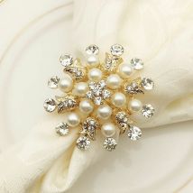 Volavo - Set of 6 Rhinestone Faux Pearl Napkin Rings Napkin Ring Holders for Wedding Party, Home, Kitchen, Table Linen Accessories (Gold)