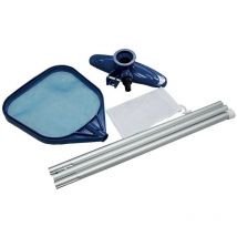 Set Pulizia Acqua Piscina Base Con Aspiratore Skimmer Rete e Asta telescopica