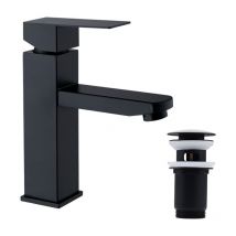 Homelody - Set de Grifo para Baño Negro y Desagüe Pop-up con Rebose Automático Universal