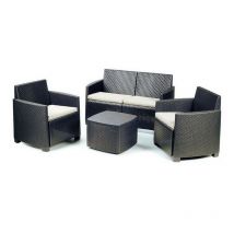 Ensemble de salon de jardin Etna table deux fauteuils et un canape' avec coussins en polypropyle'ne effet anthracite pour usage exte'rieur